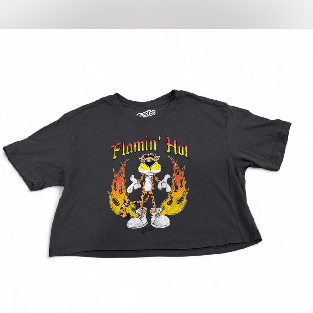 Cheetos Flamin Hot Chester‎ Cheetah Graphic Crop Top Gray Womens Medium Boxy Tee